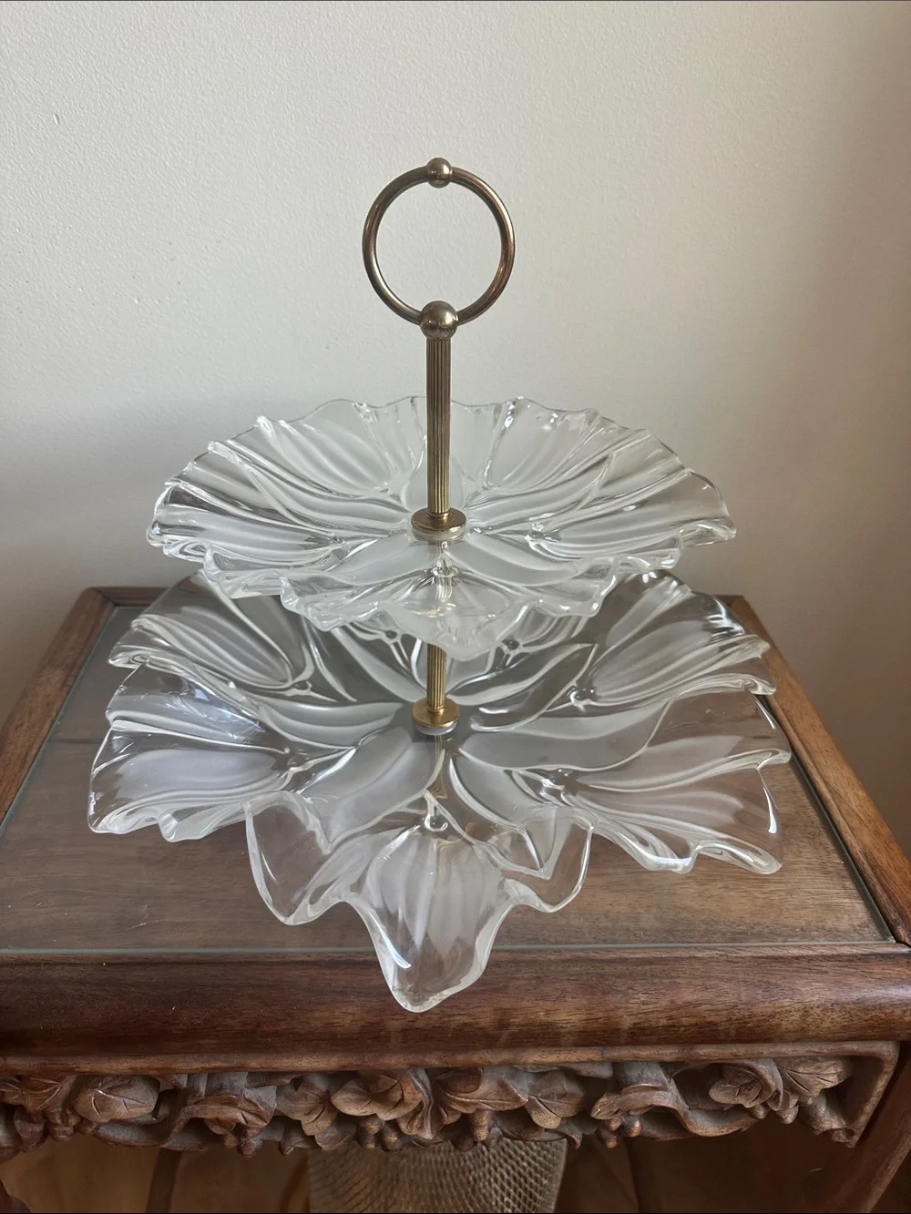 Vintage Mikasa Tulip Glass 2-Tier Cupcake Dessert Stand with Art Deco Gold Brass